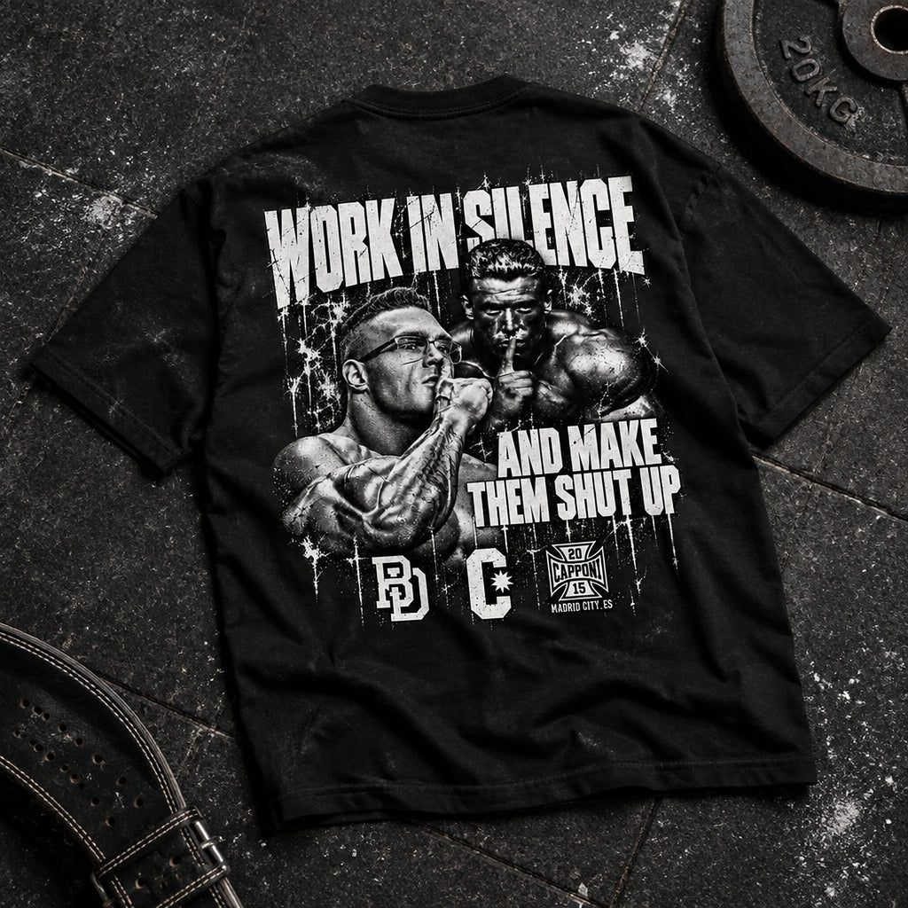 WORK IN SILENCE T-SHIRT BLACK espalda en el gym